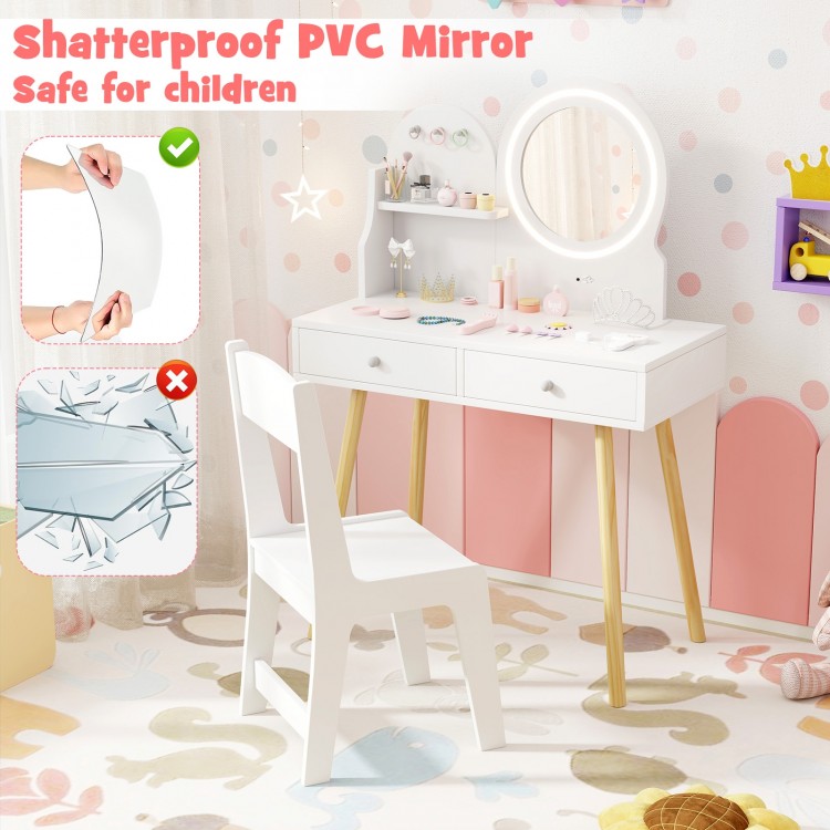 Kids Princess Makeup Dressing Desk and Chair Set with Mirror and Lights