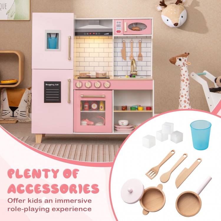 Wooden Pretend Play Kitchen with Ice Maker Range Hood and Blackboard