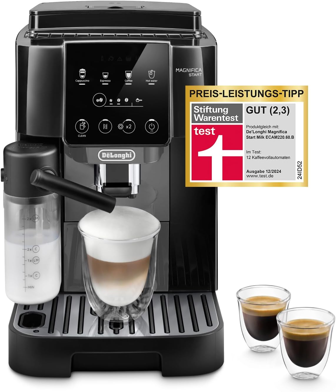 De'Longhi Magnifica S ECAM11.112.B, fuldautomatisk kaffemaskine med mælkeskumdyse til cappuccino, med espresso direkte valgknapper og drejeknap, 2-kop-funktion, sort