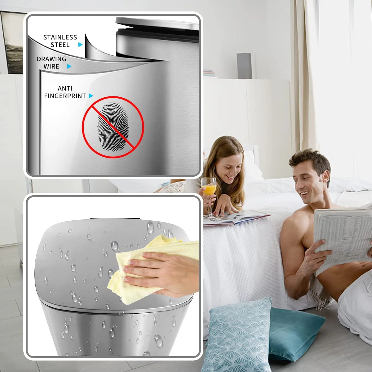 Bigacc 13 Gallon 50 Liter Kitchen Trash Can with Touch-Free & Motion Sensor, Automatic Stainless-Steel Garbage Can, Anti-Fingerprint Mute Designed Trash Bin Brushed Stainless Steel