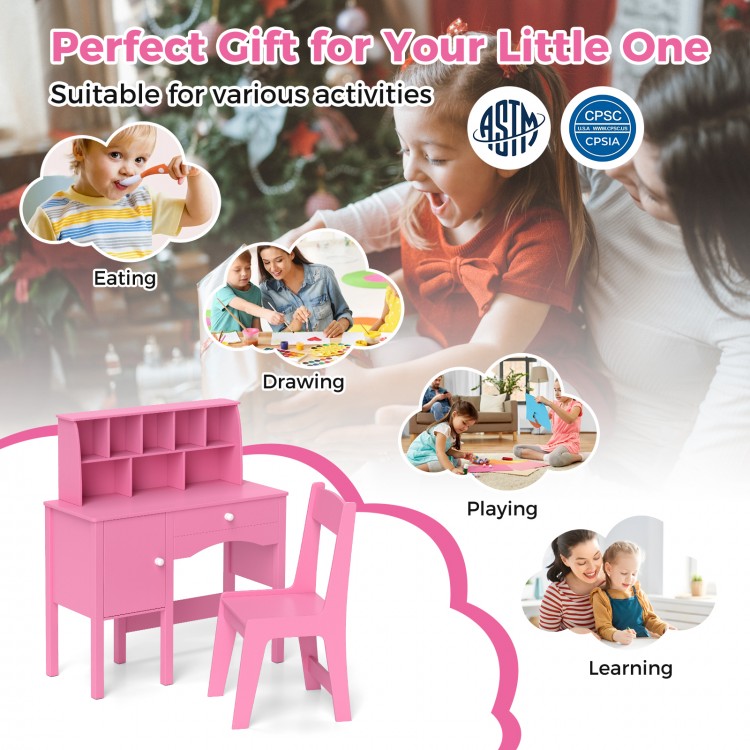 Kids Study Desk and Chair Set with Chair Hutch and Storage Cabinet for 3+ Years Old