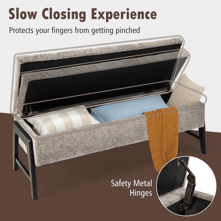 Modern Chenille Storage Bench with Solid Rubber Wood Legs