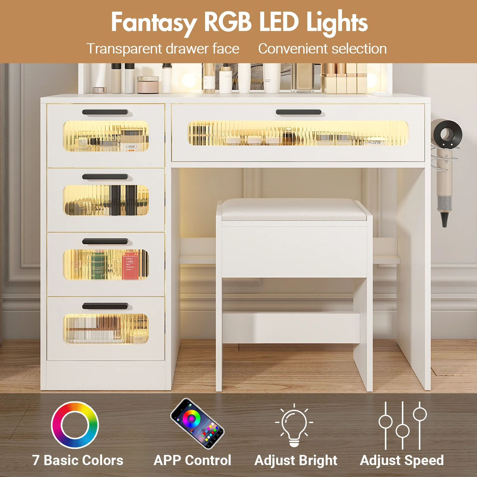 Dressing Table Stool Set with Glass Drawer