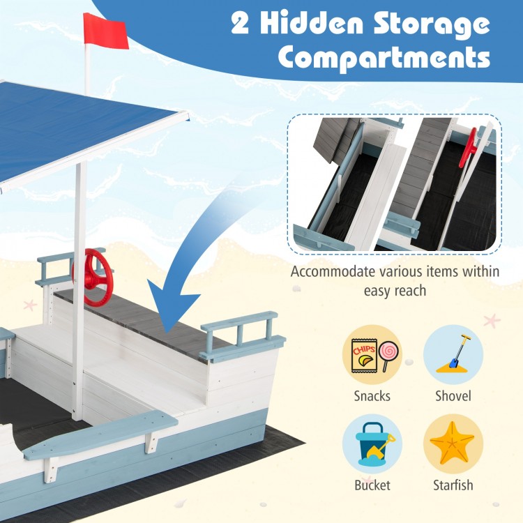 Pirate Ship Sandbox with Canopy with Bench Seats and Bottom Liner