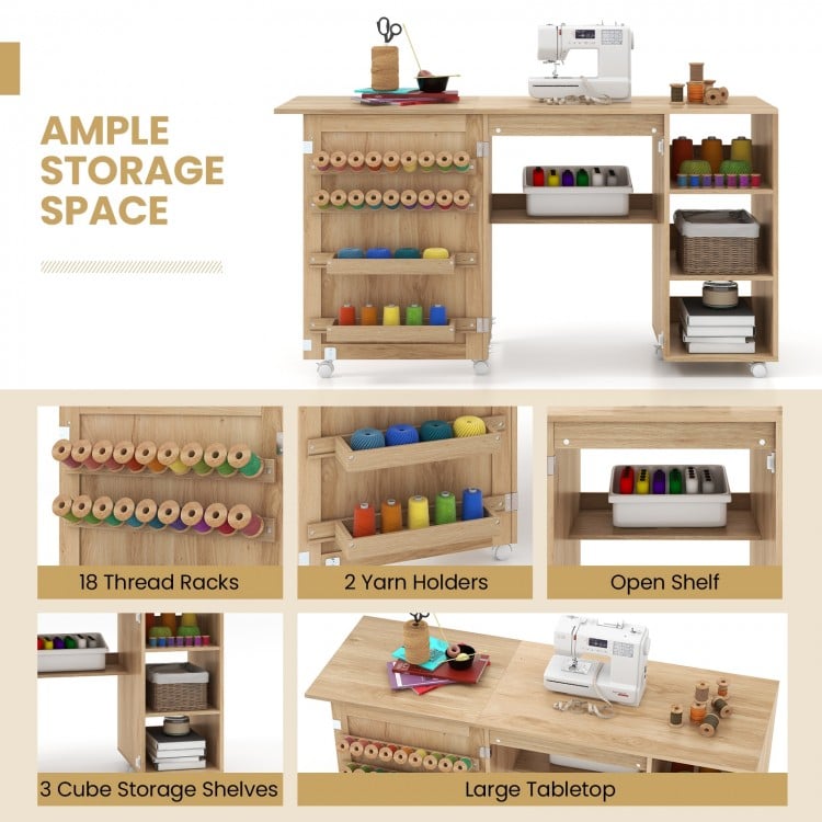 Multipurpose Folding Sewing Table Craft Station with Rattan Door