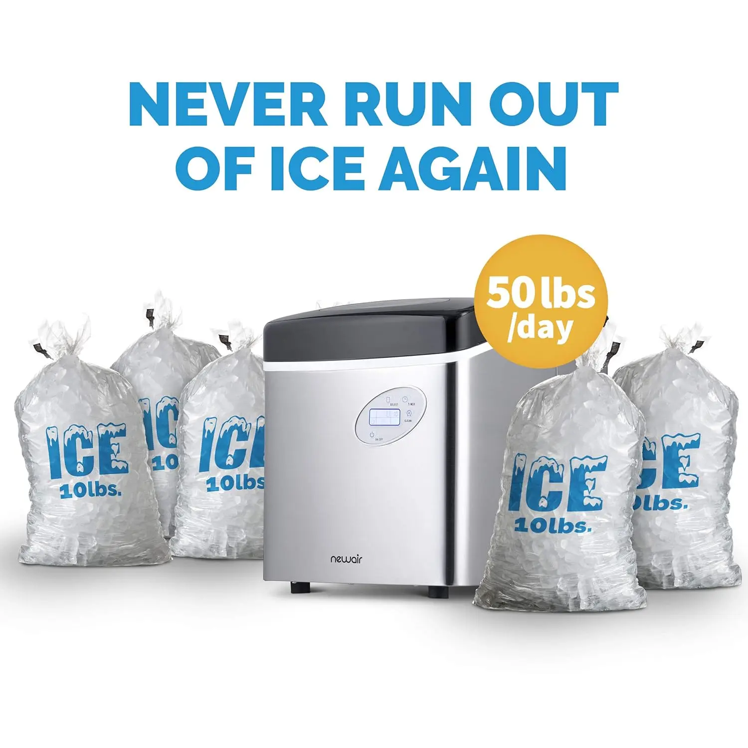 NewAir AI-215SS Portable Ice Maker, 50 lbs/Day, 3 Ice Sizes, Stainless Steel, Compact Countertop for Home/Office/Bar/RV