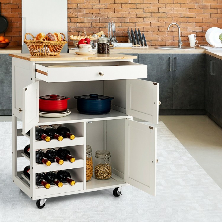 Kitchen Cart with Rubber Wood Top 3 Tier Wine Racks 2 Cabinets