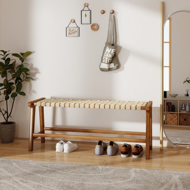 47 Inches Long Teak Wood Patio Bench with Weave Seat and Solid Wood Legs