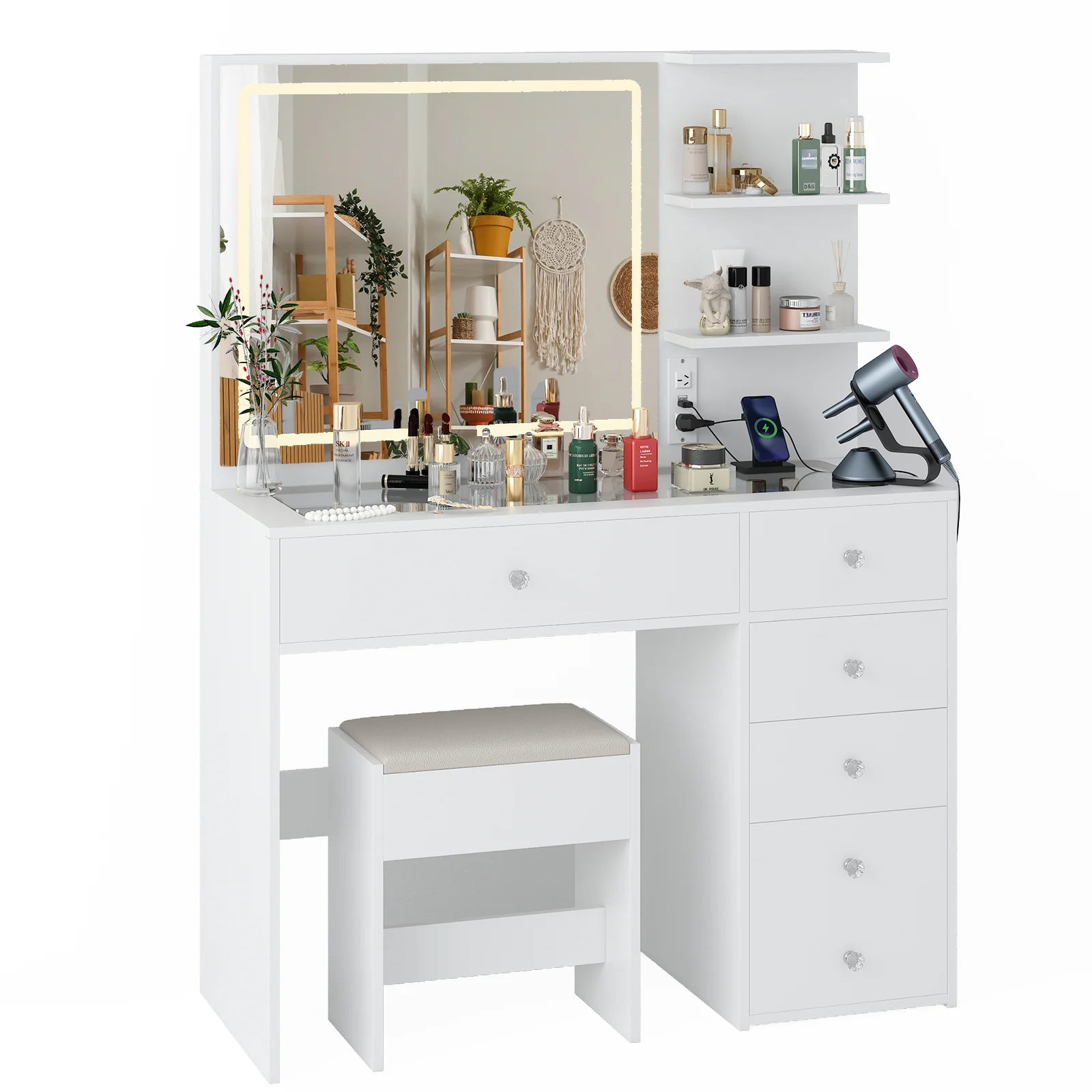 Dressing Table Stool Set Glass Tabletop