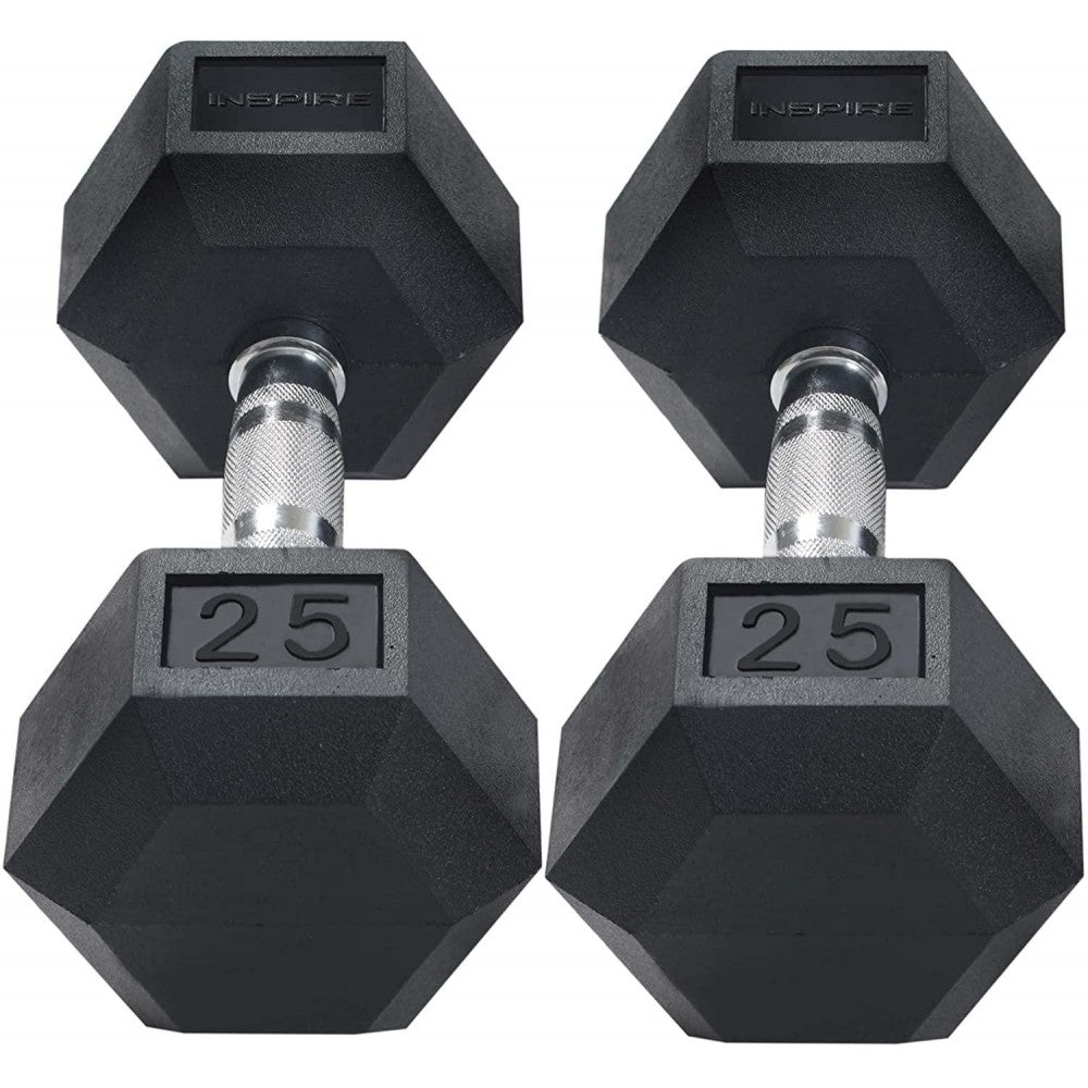 Inspire Fitness Rubber Dumbbell Set 210 lb. with Vertical Rack – 6 Pairs (5-30 lb.)