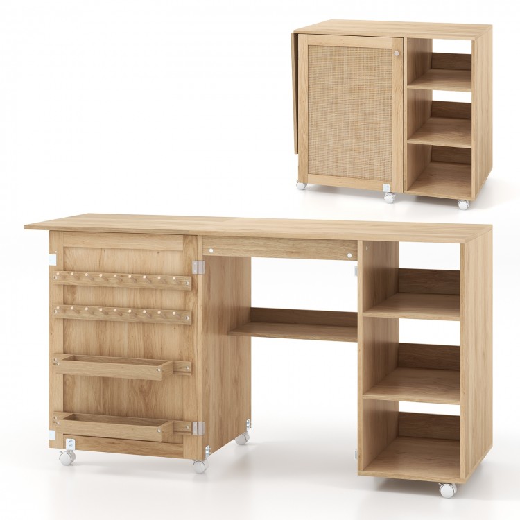 Multipurpose Folding Sewing Table Craft Station with Rattan Door