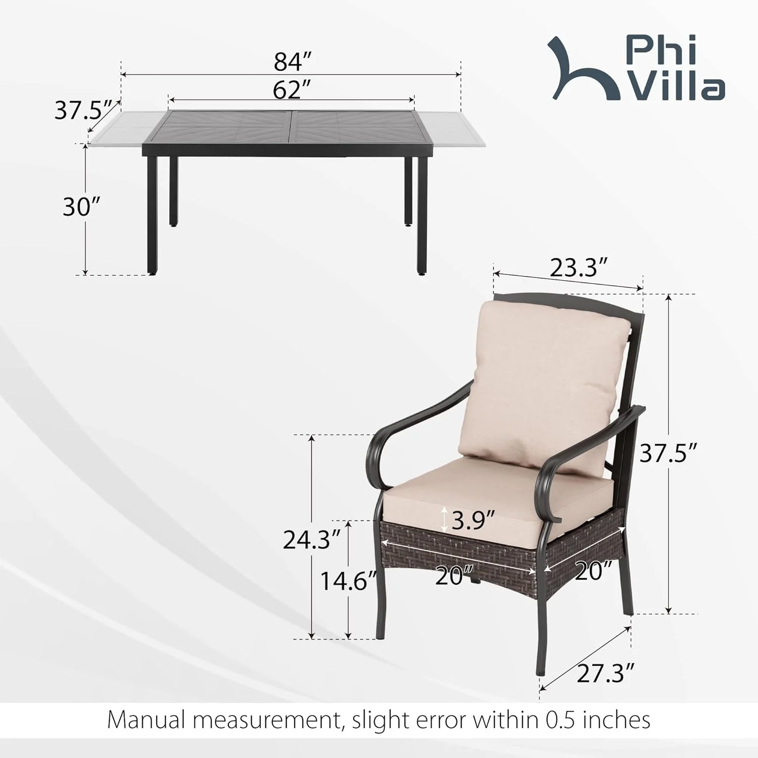 PHI VILLA 6-Piece Outdoor Dining Sets, All-Weather Patio Table and Chairs Set with Umbrella for 4, Heavy Duty Patio Round Table Set for Deck, 4 Extra Large Outdoor Swivel Chairs with Thick Cushions