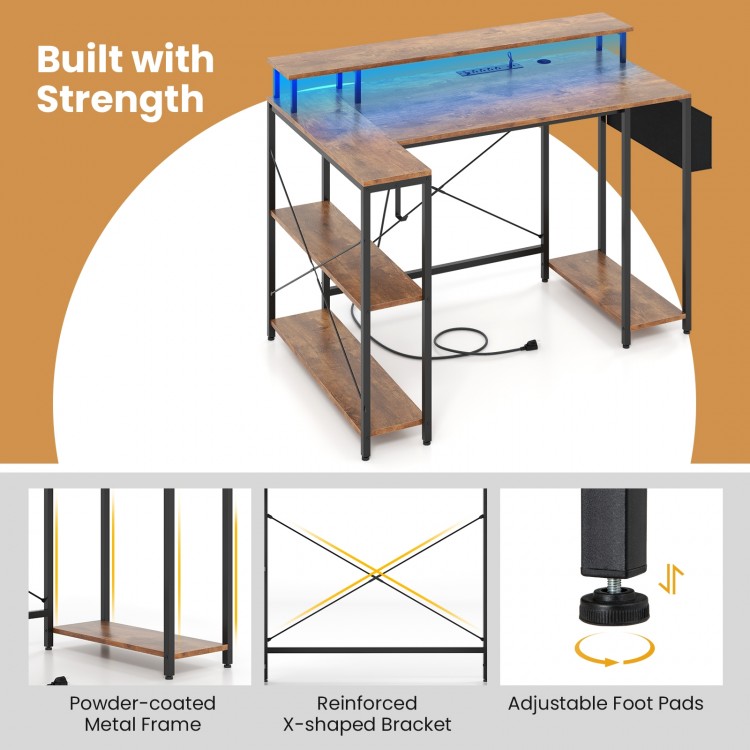 L-Shaped Gaming Desk with LED Lights and Power Outlets
