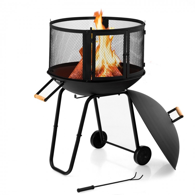 28 Inch Portable Fire Pit on Wheels with Log Grate