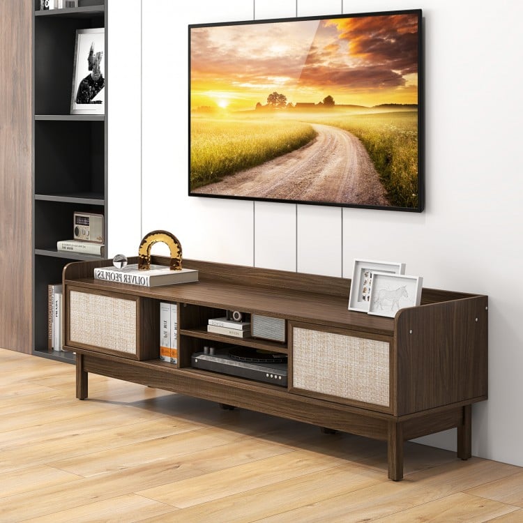 Sliding Door TV Stand for 65 Inch TV with Woven Doors