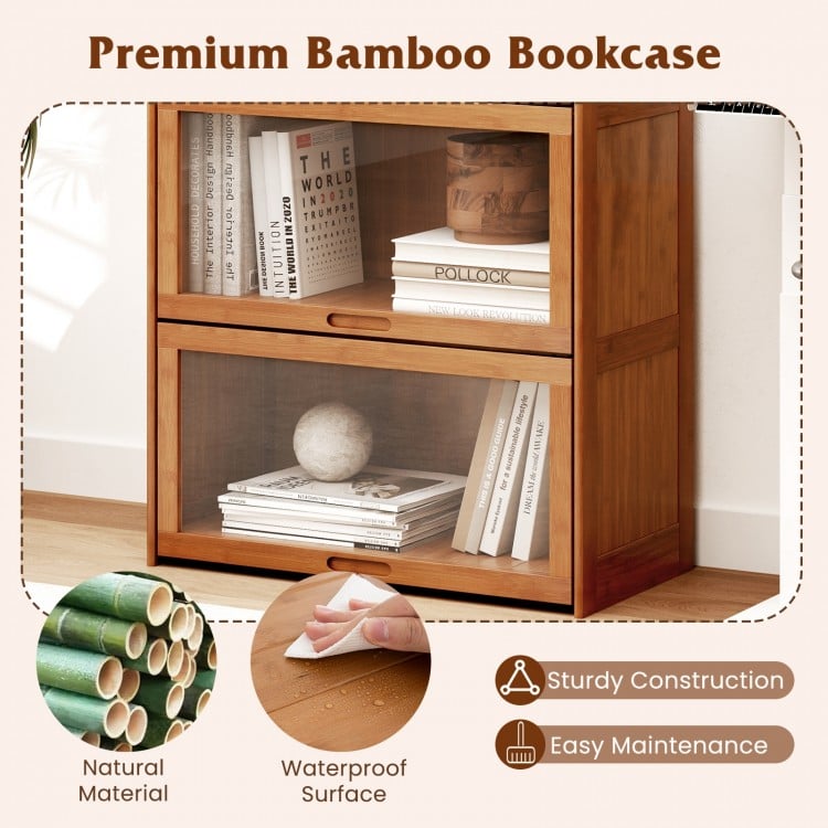 4-Tier Bamboo Bookcase with Doors for Study Room Living Room