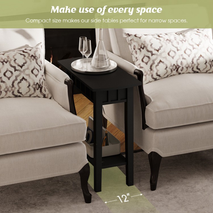 2-Tier Narrow Wood End Table with Storage Shelf for Small Spaces