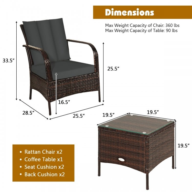 3 Pieces Patio Rattan Conversation Set with Glass Top Coffee Table and Cushions