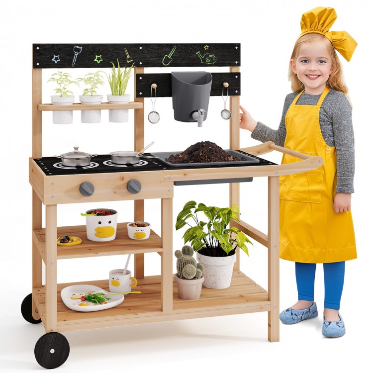 Outdoor Fir Wood Play Kitchen with Blackboard and Planting Pots