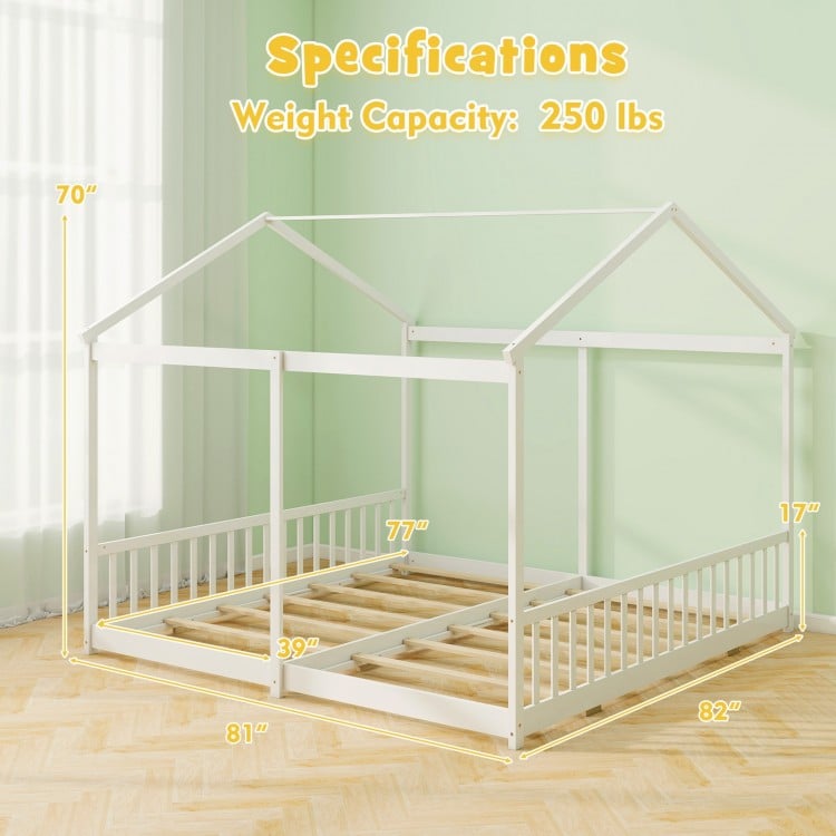 Double Floor Bed for Twins House Beds with Safety Guardrails for 2 Kids