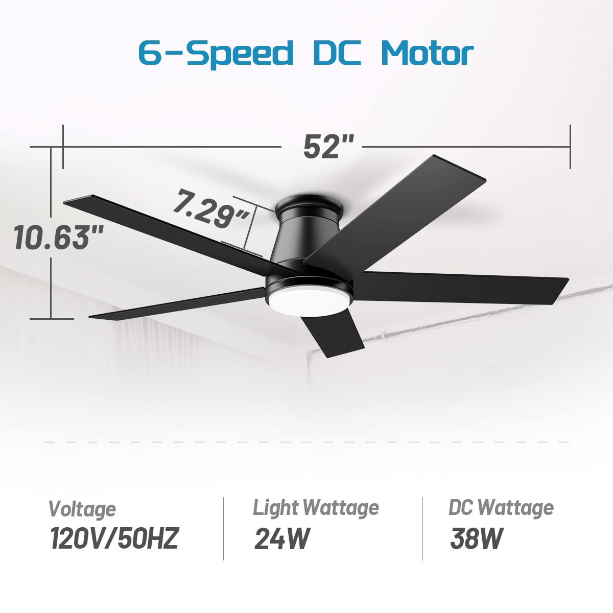Wurzee 52′′ Modern Flush Mount Ceiling Fan with LED Light, 6-Speed DC Reversible Motor, Remote Controlled, Black