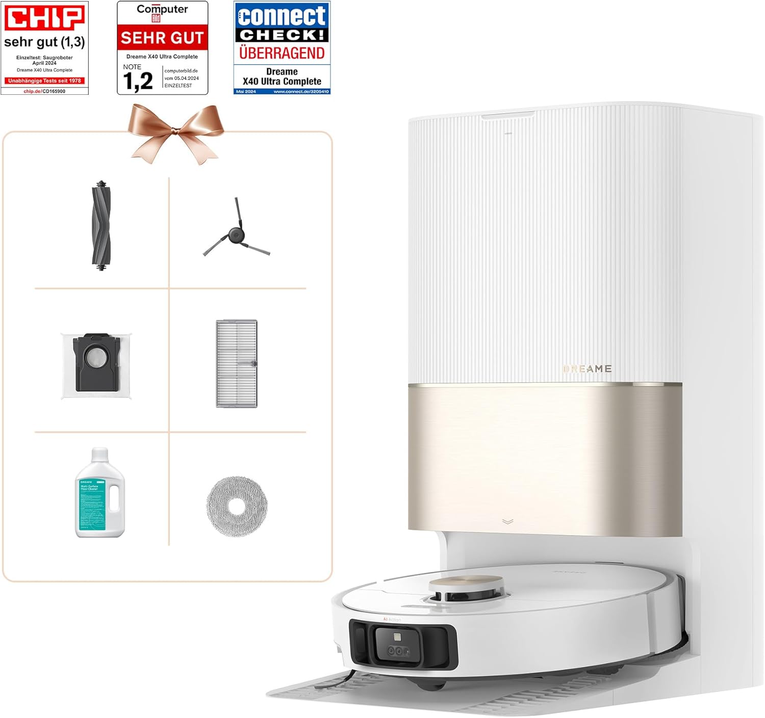 dreame X40 Ultra komplet robotstøvsuger med aftørringsfunktion, 12.000Pa sugekraft, 70℃ moppe, selvrensende, automatisk tømning, automatisk genopfyldning, anti-sammenfiltring og løftbare børster