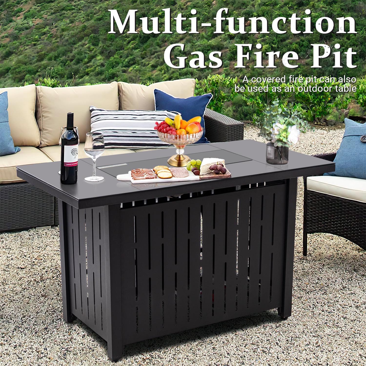 Vineego 43′′ Gas Fire Pit Table, 50,000 BTU, Black, Propane, Outdoor/Indoor, Auto-Ignition, Includes Blue Fire Glass & Cover