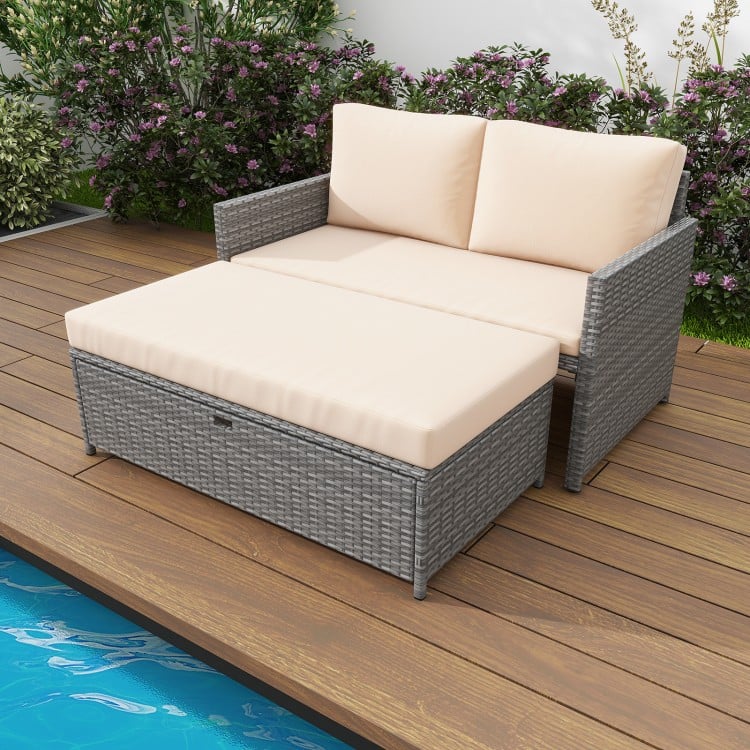 Outdoor Rattan Daybed Wicker Loveseat and 31 Gallon Storage Ottoman