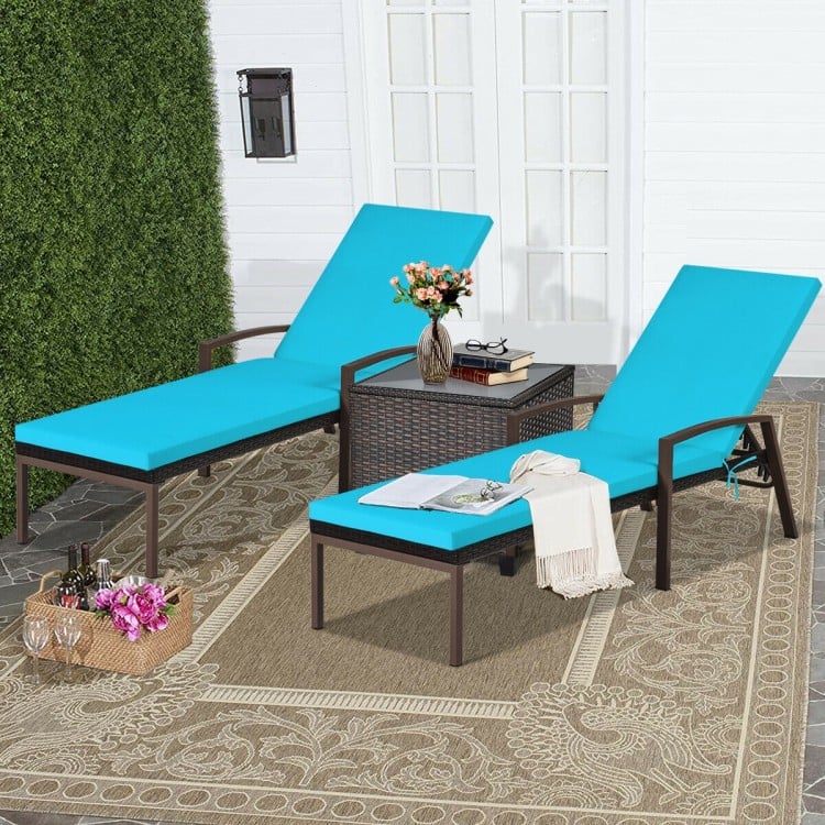 2 Pieces Patio Rattan Reclining Chaise Lounge Chair with Cushion and Armrest