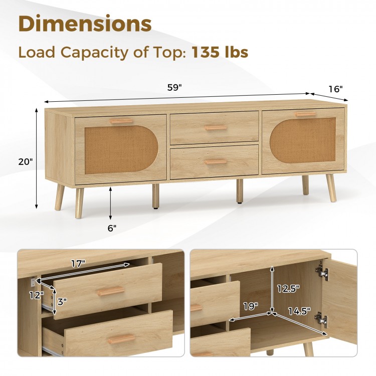 Rattan TV Stand for 65-Inch TV with Drawers and Solid Wood Legs