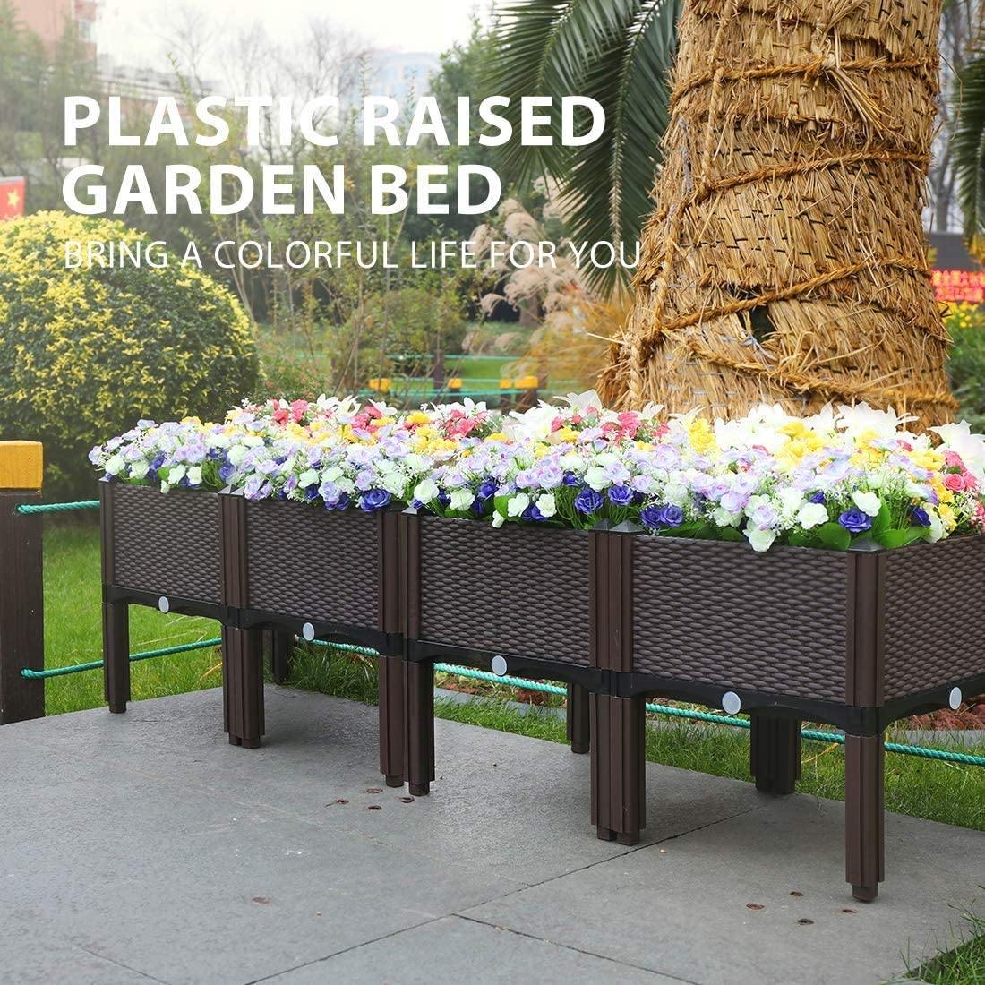 Premium Raised Garden Bed Planter Kit by Elevated – Set of 4, Self-Watering, Reinforced PP, Rattan Pattern, 19.5′′x19.5′′, Brown