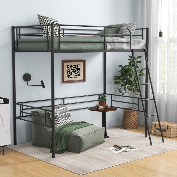 Twin Metal Loft Bed Frame with Ladder and Metal Slats Support