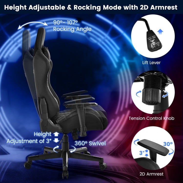 Adjustable 360° Swivel PU Gaming Chair with RGB LED Lights and Nylon Base
