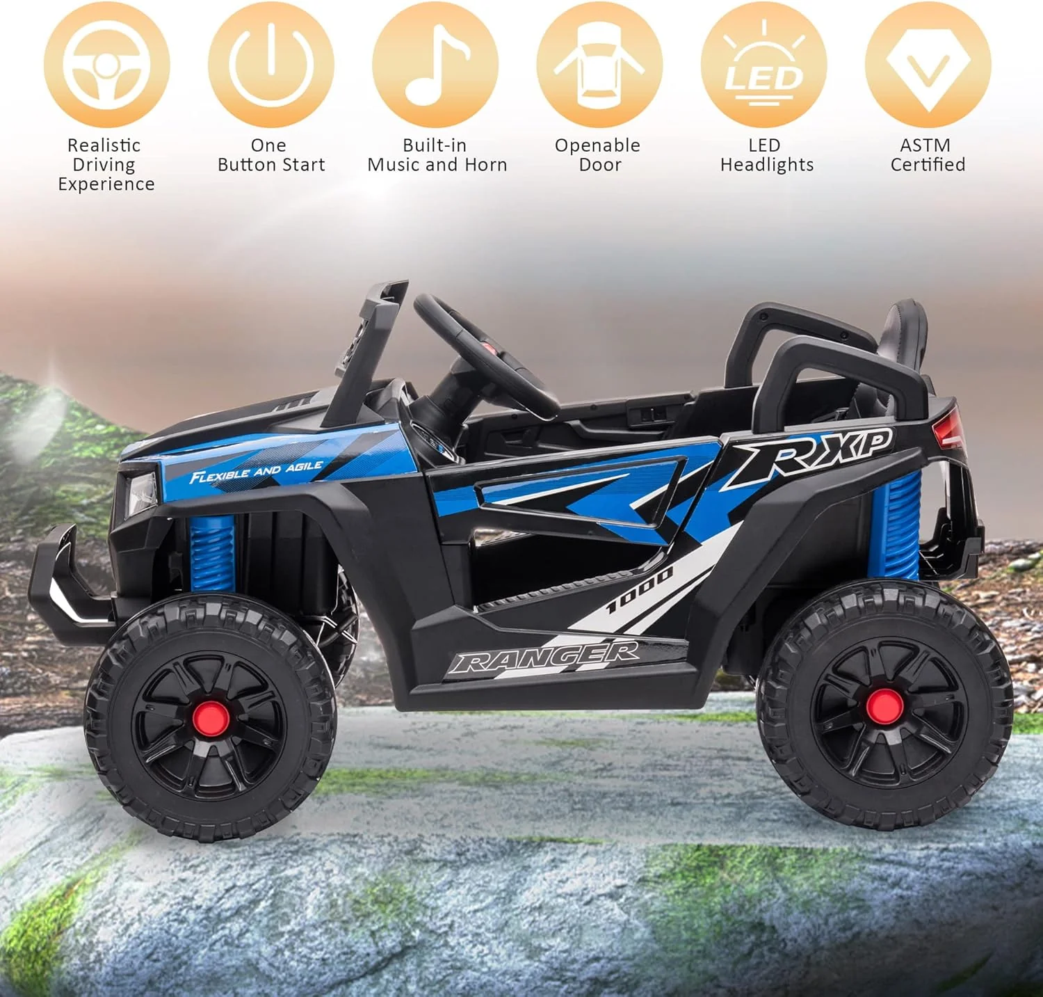 TOBBI 12V Kids Ride on Car, Electric Off-Road UTV Truck with Diverse Functions, Double Open Doors, Safety Belt, Horn, Music, and Lights for Kids Aged 3-5 Years (Rose Red)