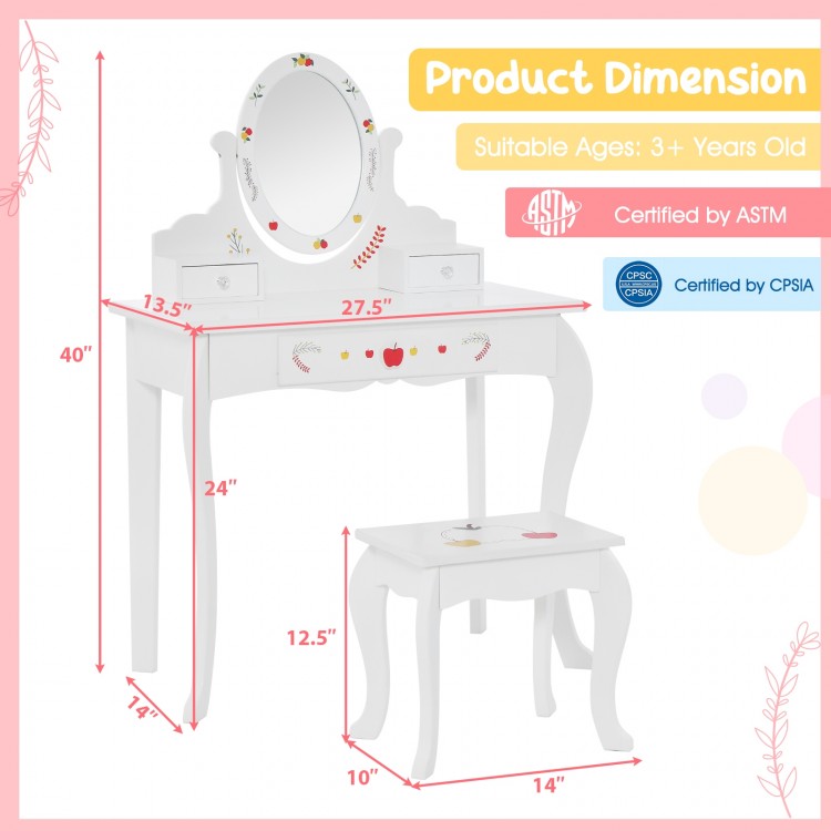 Kids Vanity and Stool Set with 360° Rotatable Mirror and Whiteboard