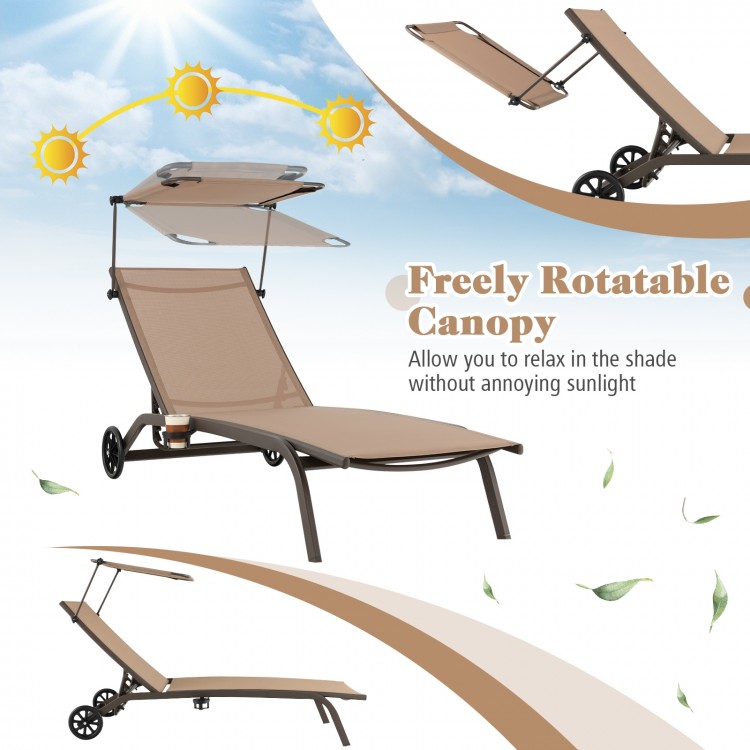 Patio Heavy-Duty Adjustable Chaise Lounge Chair with Canopy Cup holder and Wheels