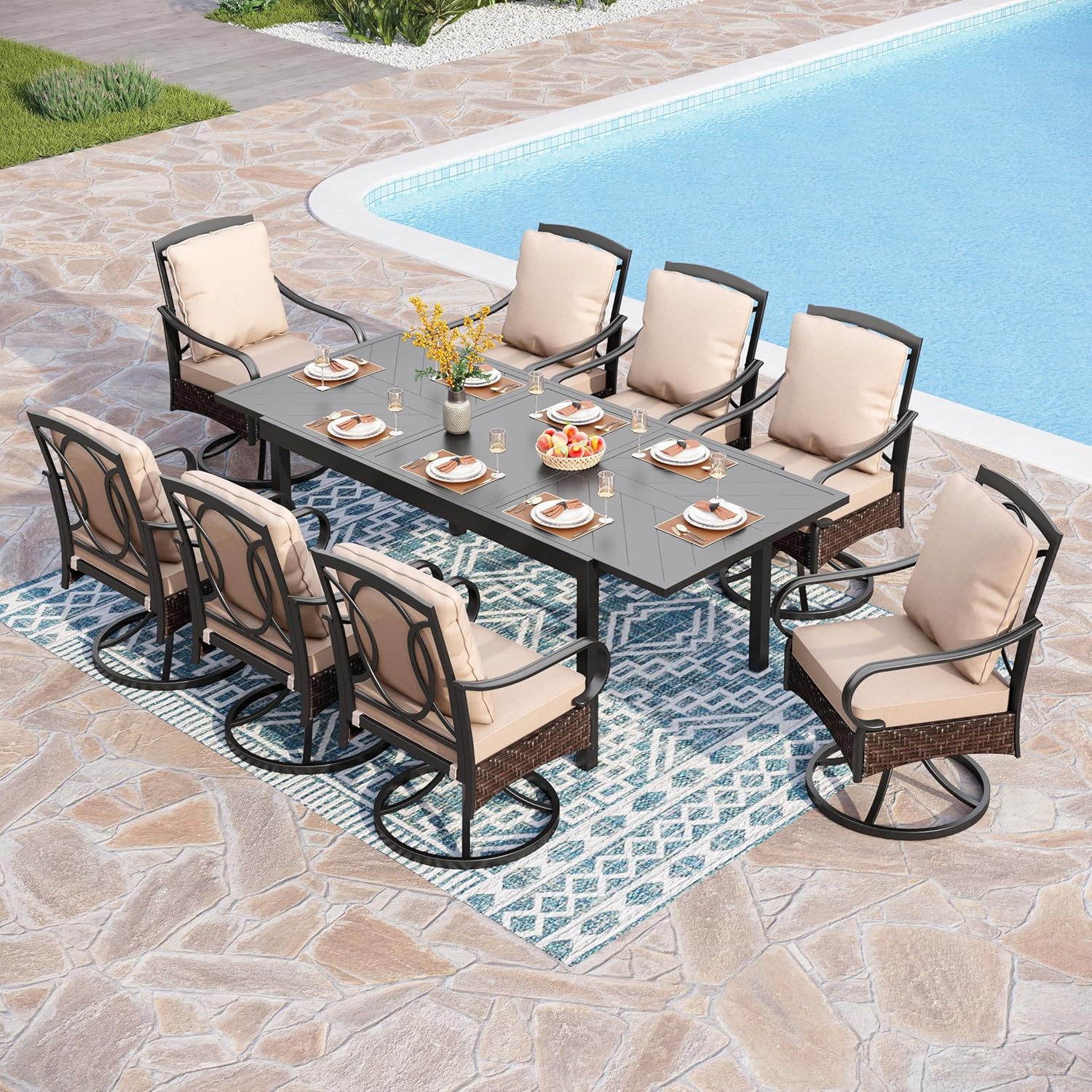 PHI VILLA 6-Piece Outdoor Dining Sets, All-Weather Patio Table and Chairs Set with Umbrella for 4, Heavy Duty Patio Round Table Set for Deck, 4 Extra Large Outdoor Swivel Chairs with Thick Cushions