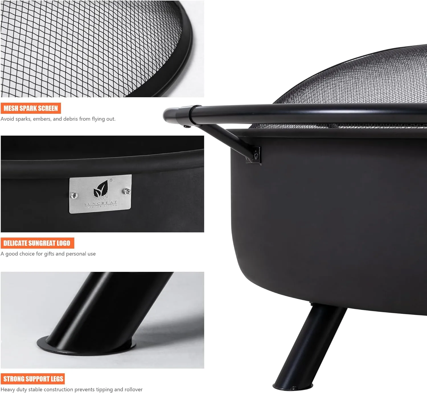 SUNCREAT 42′′ Alloy Steel Outdoor Fire Pit, Wood Burning with Spark Screen & Poker, Black, Round Garden Fireplace