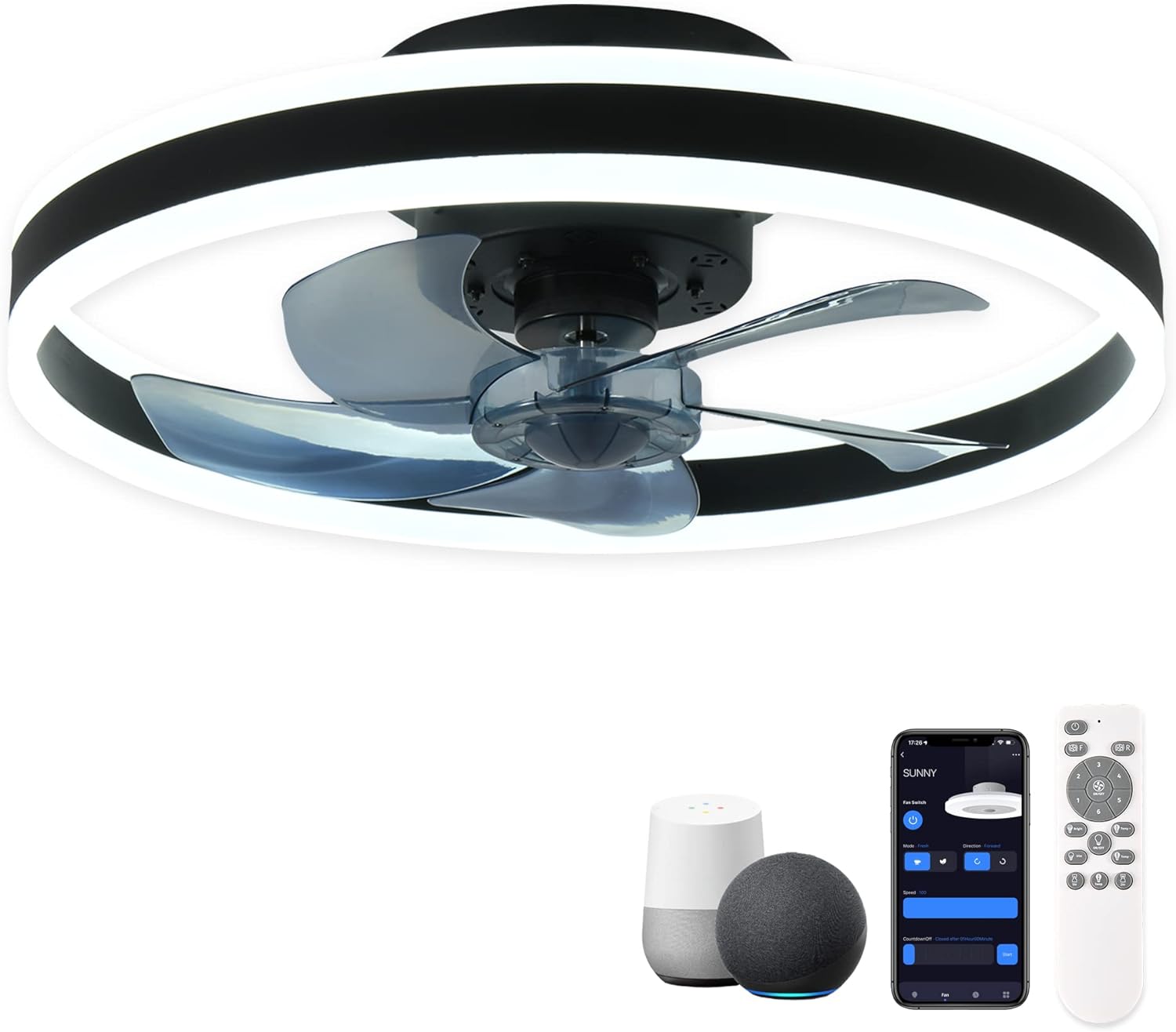 CHANFOK Smart Ceiling Fan with Light, Alexa Compatible, Bladeless, Remote & App Control, Flush Mount for Bedroom, Black