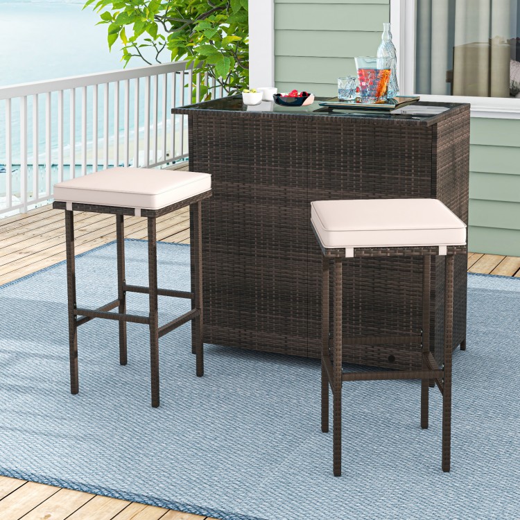 3 Pcs Patio Bar Set with Tempered Glass Tabletop