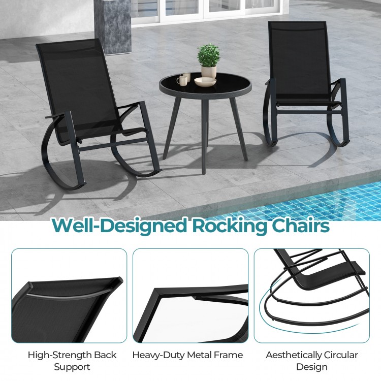 2 Pieces Patio Rocking Chairs Outdoor Sling Fabric Rockers with Ergonomic Backrest and Seat