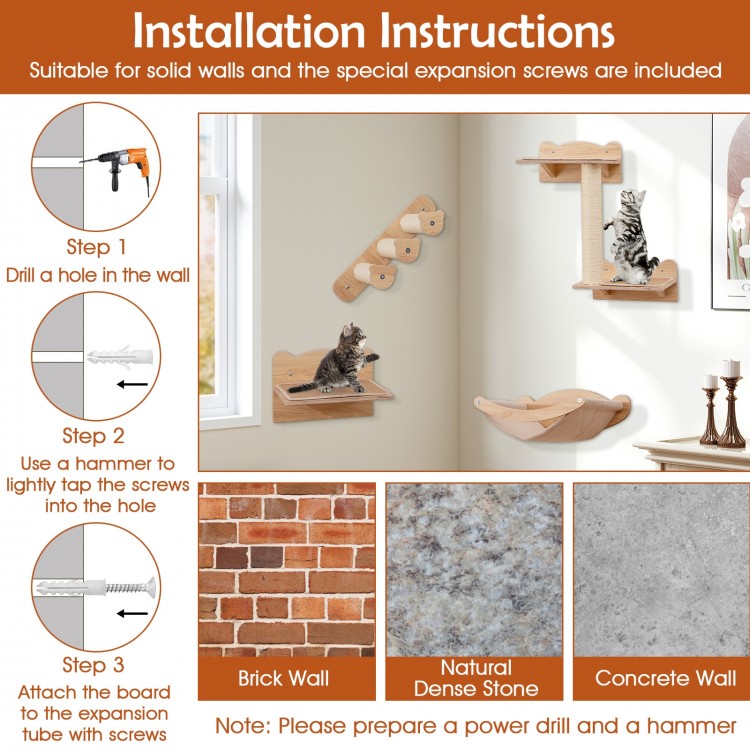 Cat Wall Furniture Set of 4 with Hammock 2-step Cat Tree and Perch