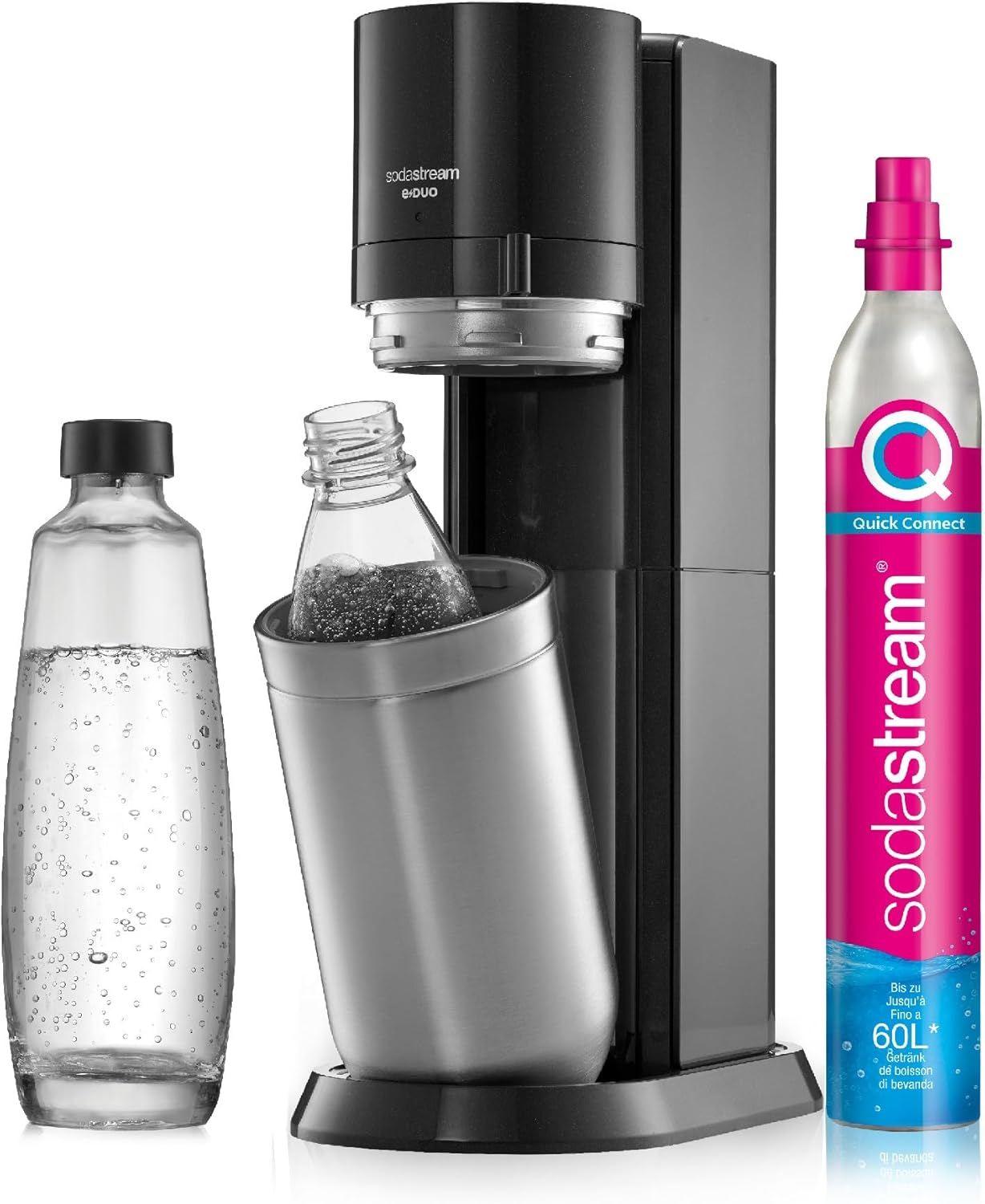 SodaStream elektrisk vandbobler E-DUO med quick-forbindelse CO2-cylinder | inkl. 1x 1L glasflaske og 2x 1L FUSE plastflaske (tåler opvaskemaskine) | Farve: titanium
