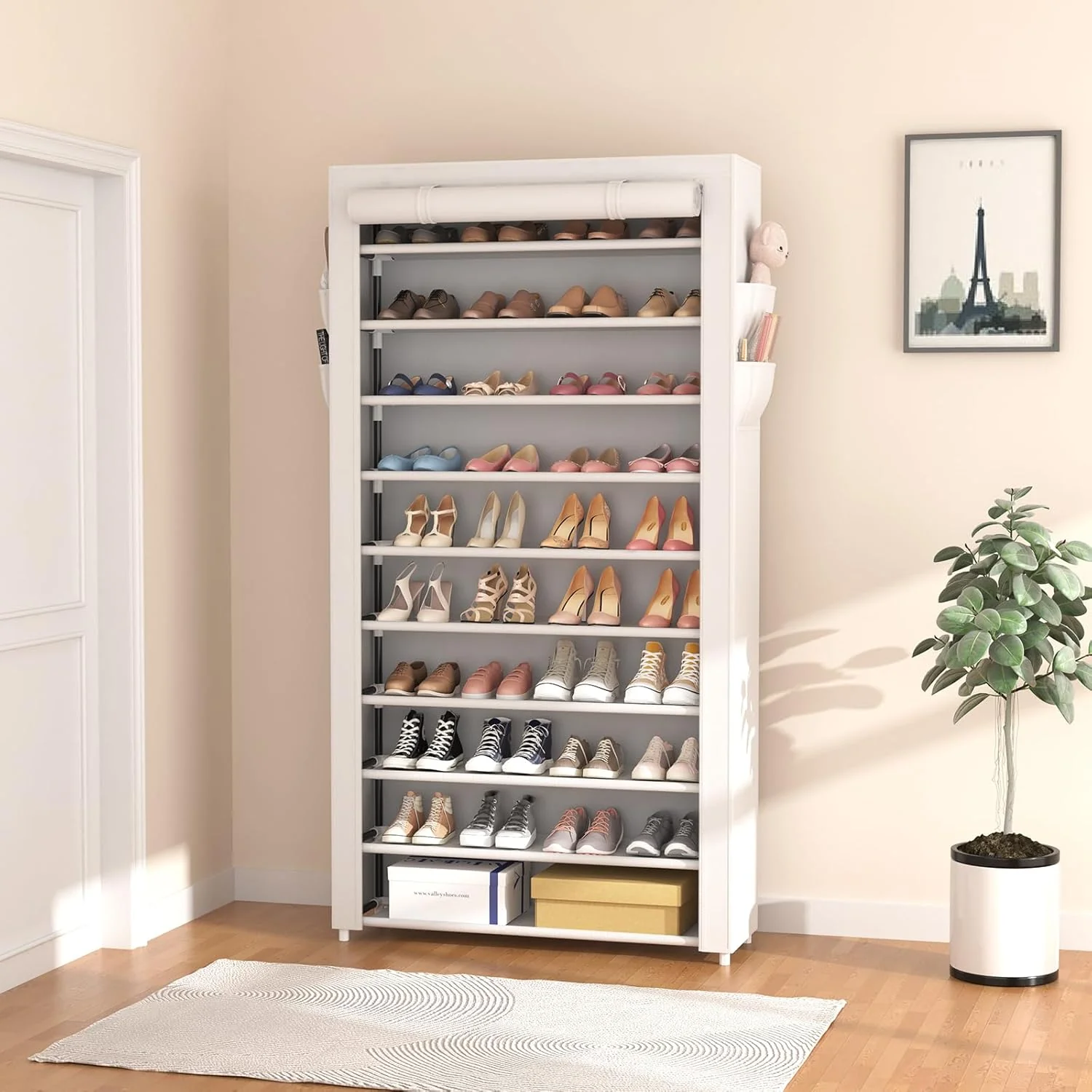 ROJASOP 10 Tier Shoe Rack with Covers,Large Capacity Stackable Tall Shoe Shelf Storage to 50-55 Pairs Shoes and Boots Sturdy Metal Free Standing Shoe Rack Organizer for Closet Entryway Garage