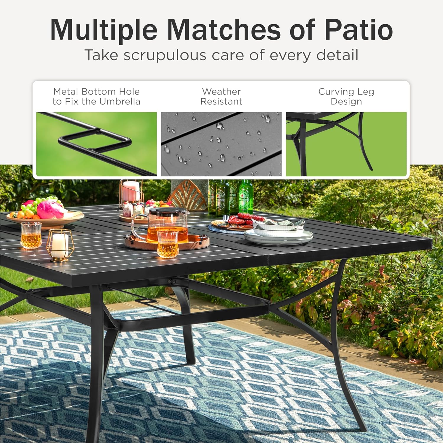 PHI VILLA 6-Piece Outdoor Dining Sets, All-Weather Patio Table and Chairs Set with Umbrella for 4, Heavy Duty Patio Round Table Set for Deck, 4 Extra Large Outdoor Swivel Chairs with Thick Cushions
