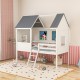 Twin Size Kids House Bed Low Loft Bed Frame with Roof