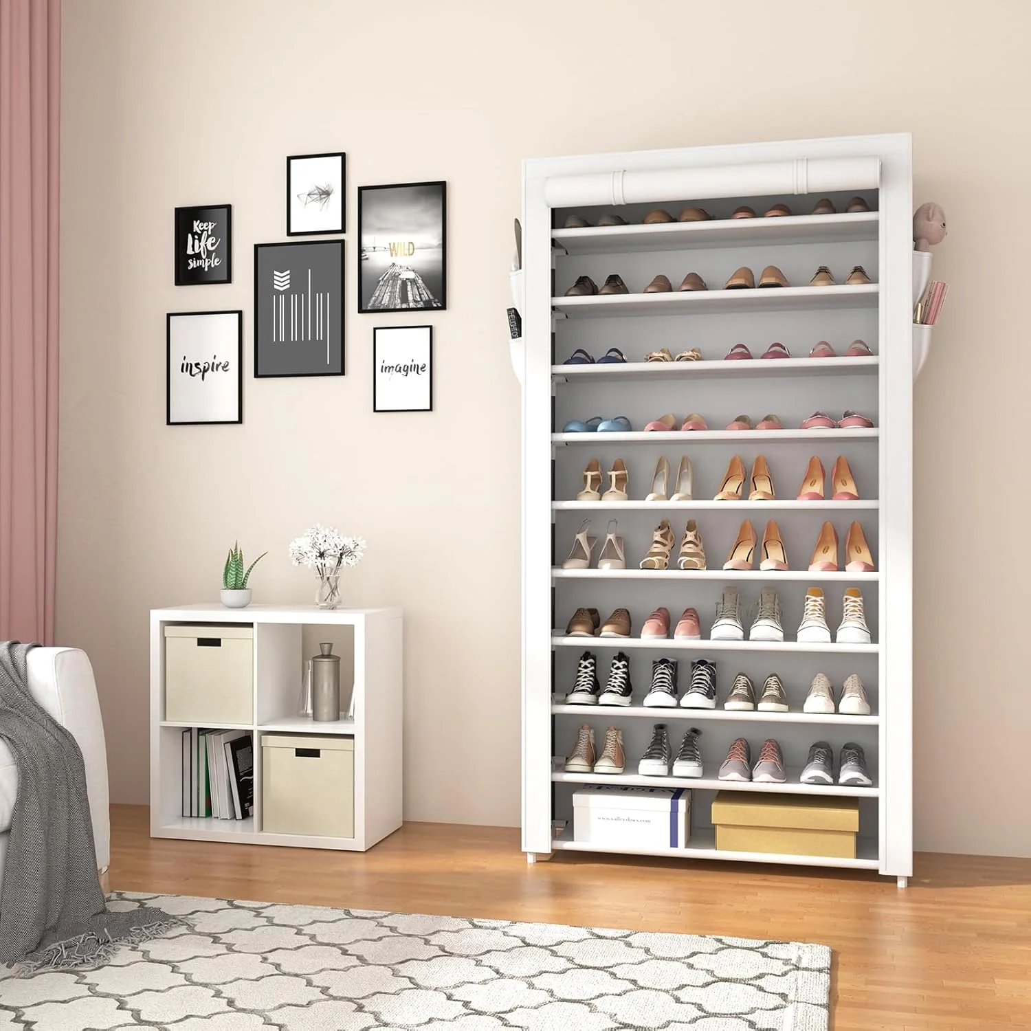 ROJASOP 10 Tier Shoe Rack with Covers,Large Capacity Stackable Tall Shoe Shelf Storage to 50-55 Pairs Shoes and Boots Sturdy Metal Free Standing Shoe Rack Organizer for Closet Entryway Garage