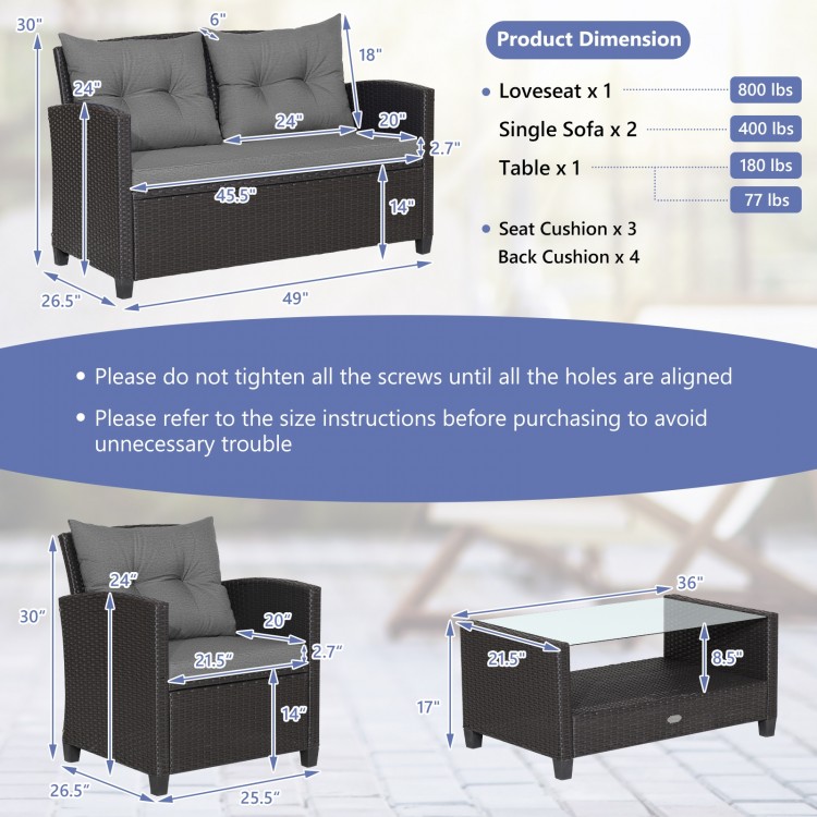 4 Pieces Patio Rattan Conversation Furniture Set with Glass Top Coffee Table