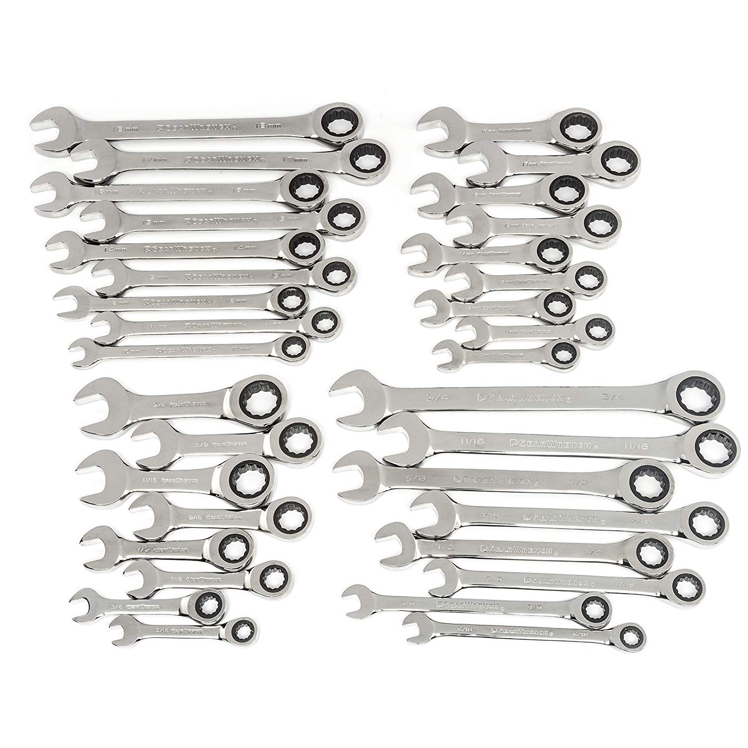 GEARWRENCH 34-Piece SAE/MM Ratcheting Wrench Set, 72-Tooth, Polished Finish