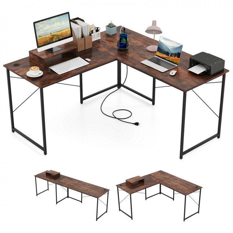 95 Inch 2-Person L-Shaped Long Reversible Computer Desk with Monitor Stand